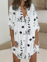 Plus Size Summer Women's Shirt V-neck Random Print Single Row Button Fashion Casual Loose Polyester Home Office Holiday - Image 4