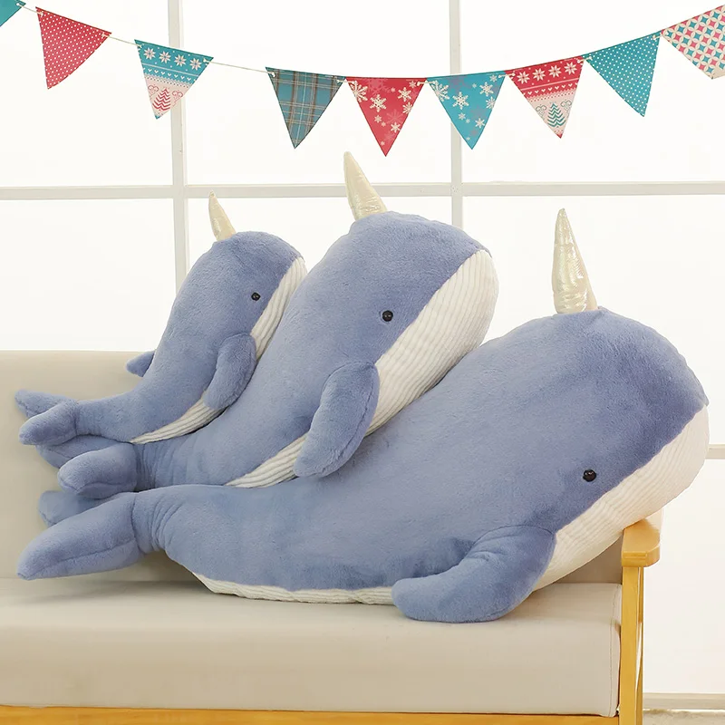 60cm-120cm Narwhal Plush Toy Lovely Unicorn Doll Soft Stuffed Fish Blue Whale With Horn Pillow Christmas Girls Gift Room Decor