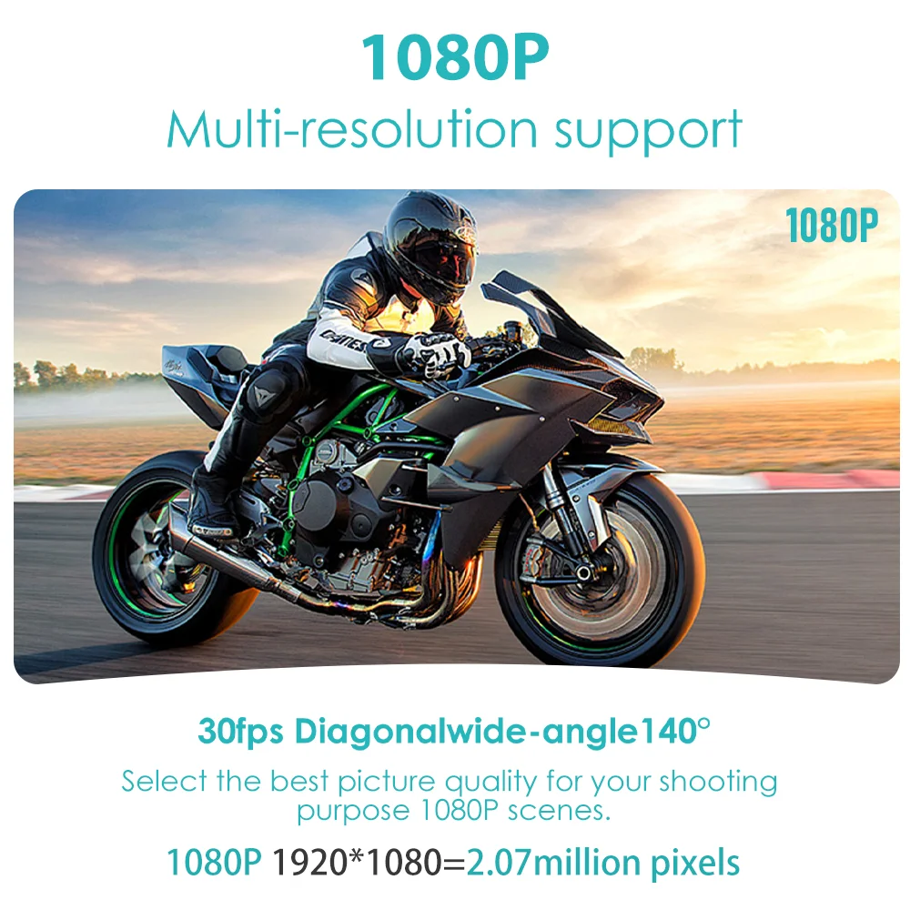 Caméra embarquée moto HD 1080P V2 montée sur un casque, avec stabilisation anti-vibration active.