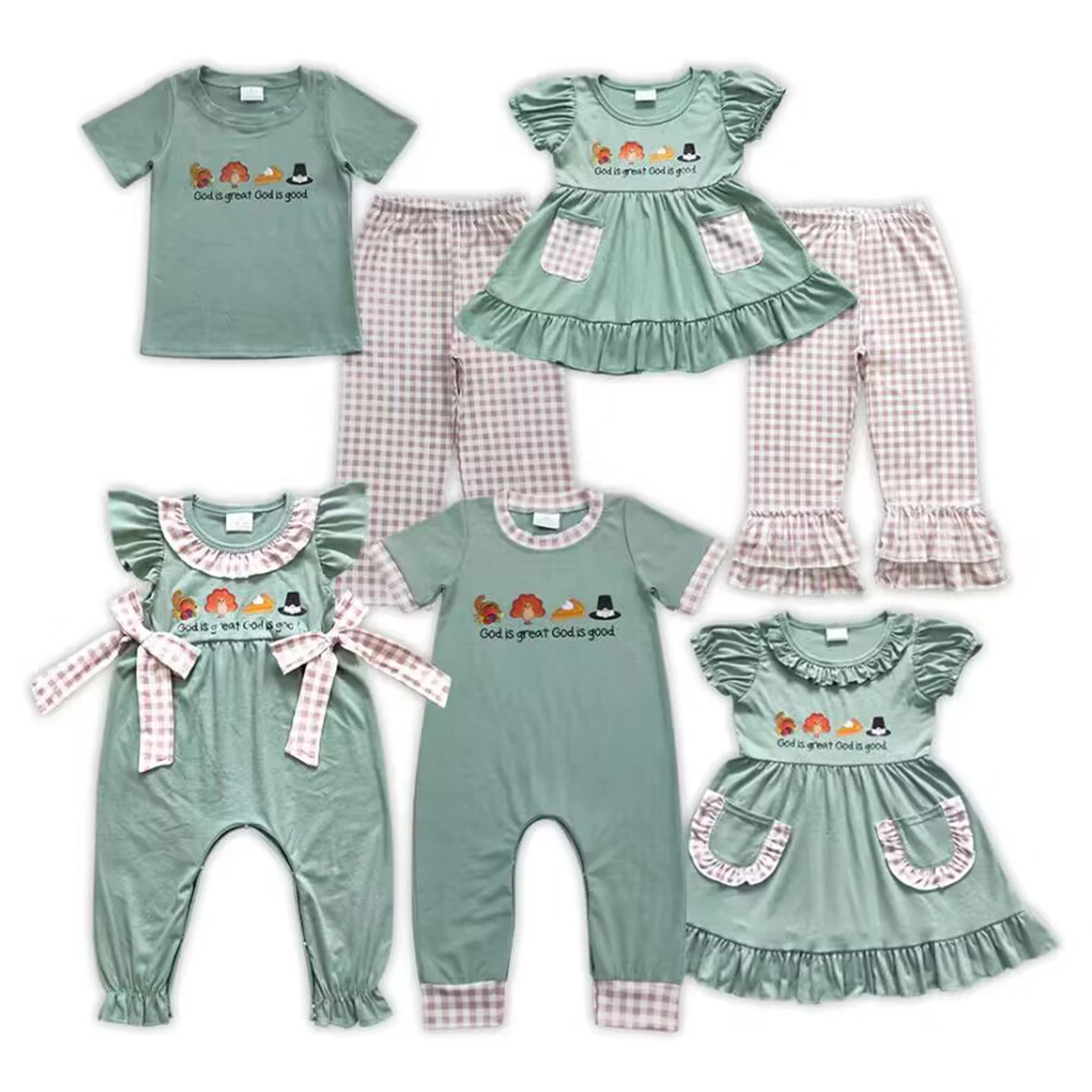 Wholesale Children Hot Sale Baby Boy Girl Thanksgiving Turkey Pie Sibling Clothing Outfits RTS Boutique Infant Kids Romper Dress