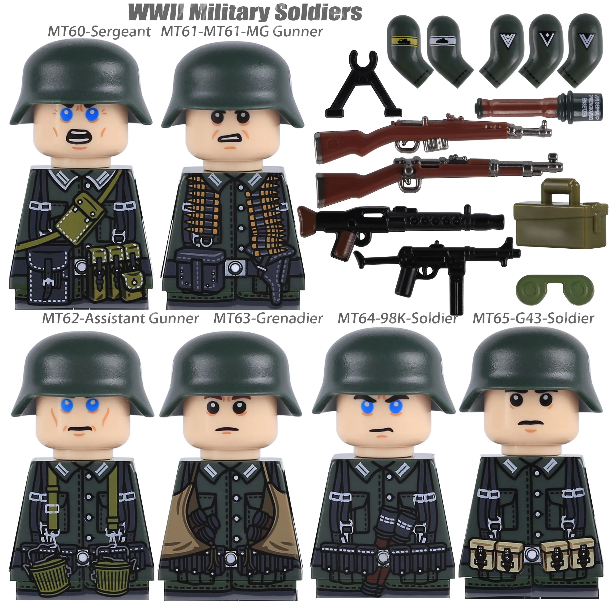 WW2 Military Camouflage Soldiers Building Set with Weapons and Helmets