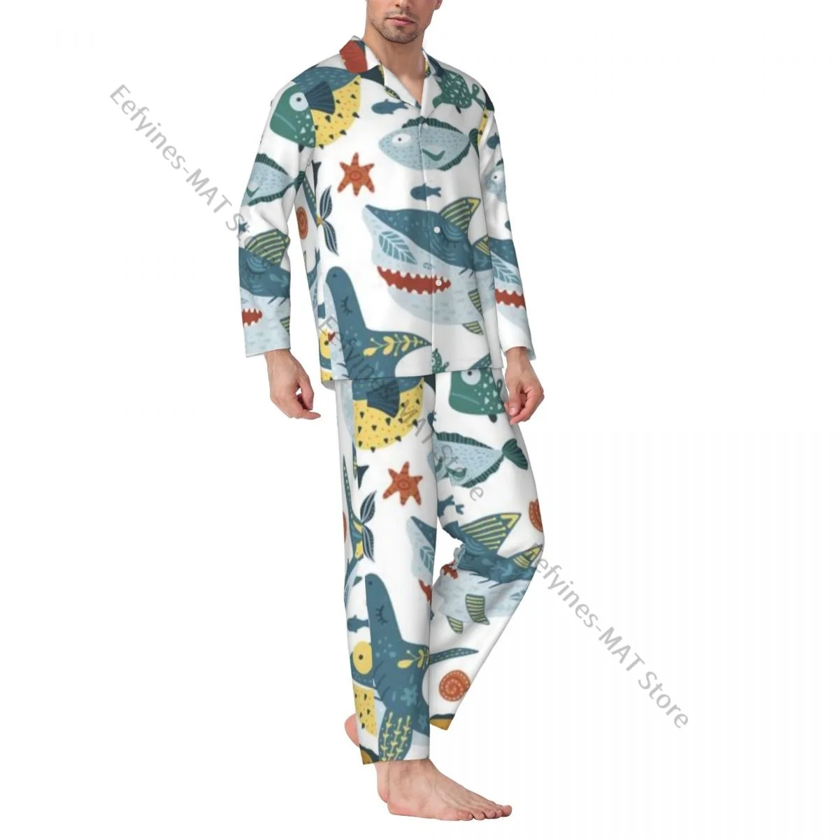 thumbnail image 1 of Pijama de hombre con solapa y manga larga, ropa de dormir divertida con diseño de tiburón y pez en estilo escandinavo, ropa de hogar para hombre, 1 of 5