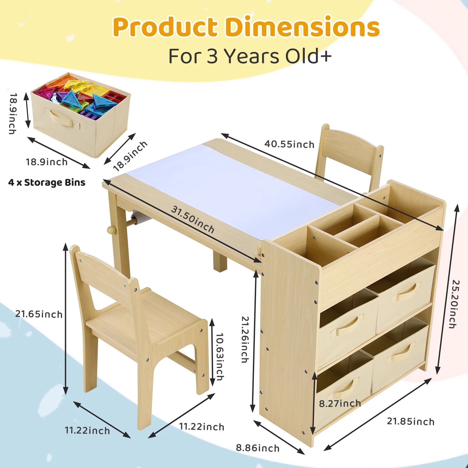 AOOU Kids Art Table and 2 Chairs, Toddler Craft Drawing Desk with Large Storage Shelves, 4 Storage Bins and Paper Roll 4