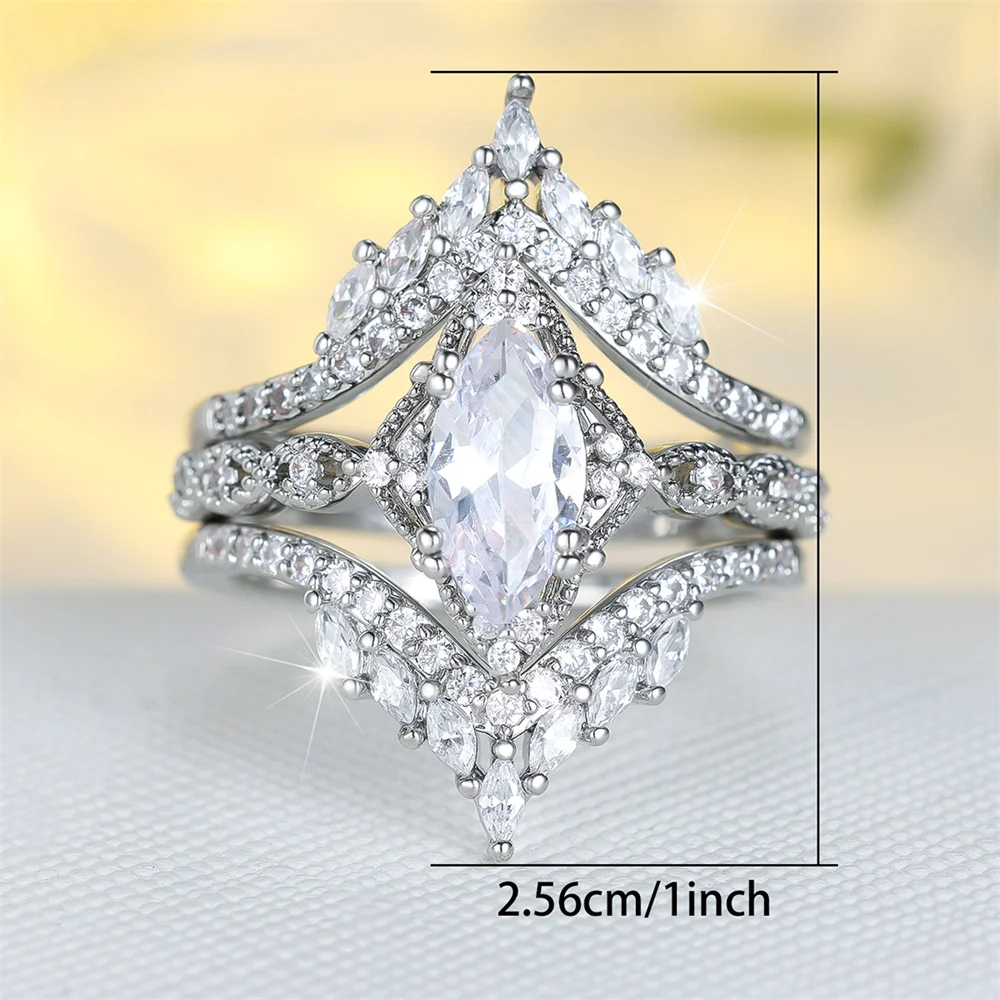 Luxury Crystal Marquise Stone Ring Sets For Women Vintage Silver Color Engagement Rings Wedding Jewelry Bridal Set Birthday Gift