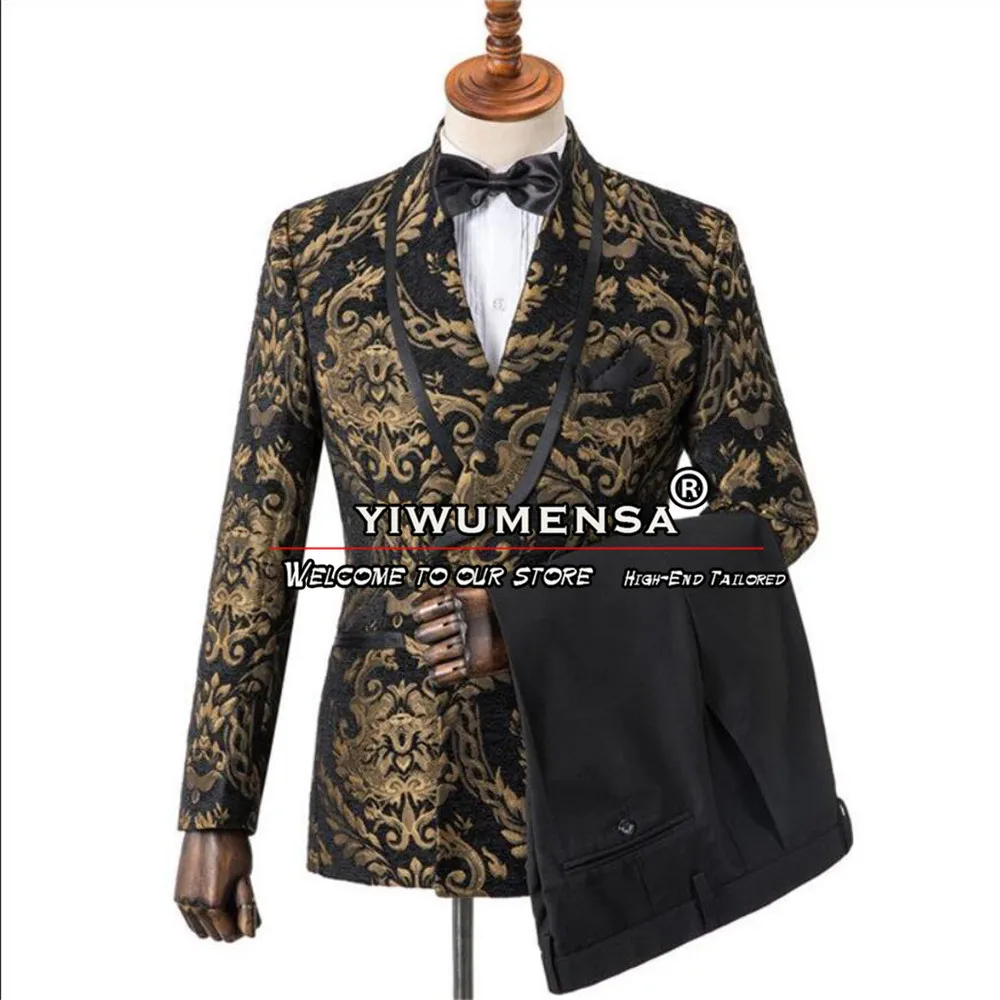 

Classic Groom Wedding Suits Vintage Floral Jacquard Jacket Vest Black Soild Pants 3 Pieces Men's Tuxedos Bespoke Dinner Blazers