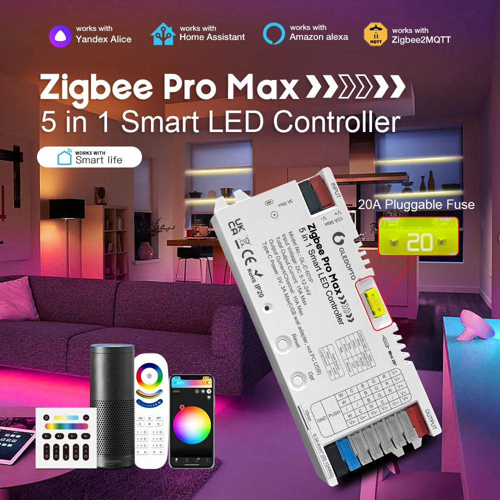 ตัวควบคุมไฟ LED GLEDOPTO Pro Max ZigBee 3.0 5 in 1 RGBCCT RGBW RGB CCT ปรับความสว่าง สี แสงขาว ผสมสี 20A พร้อมฟิวส์แบบเสียบปลั๊ก ควบคุมผ่านแอปและเสียง 1