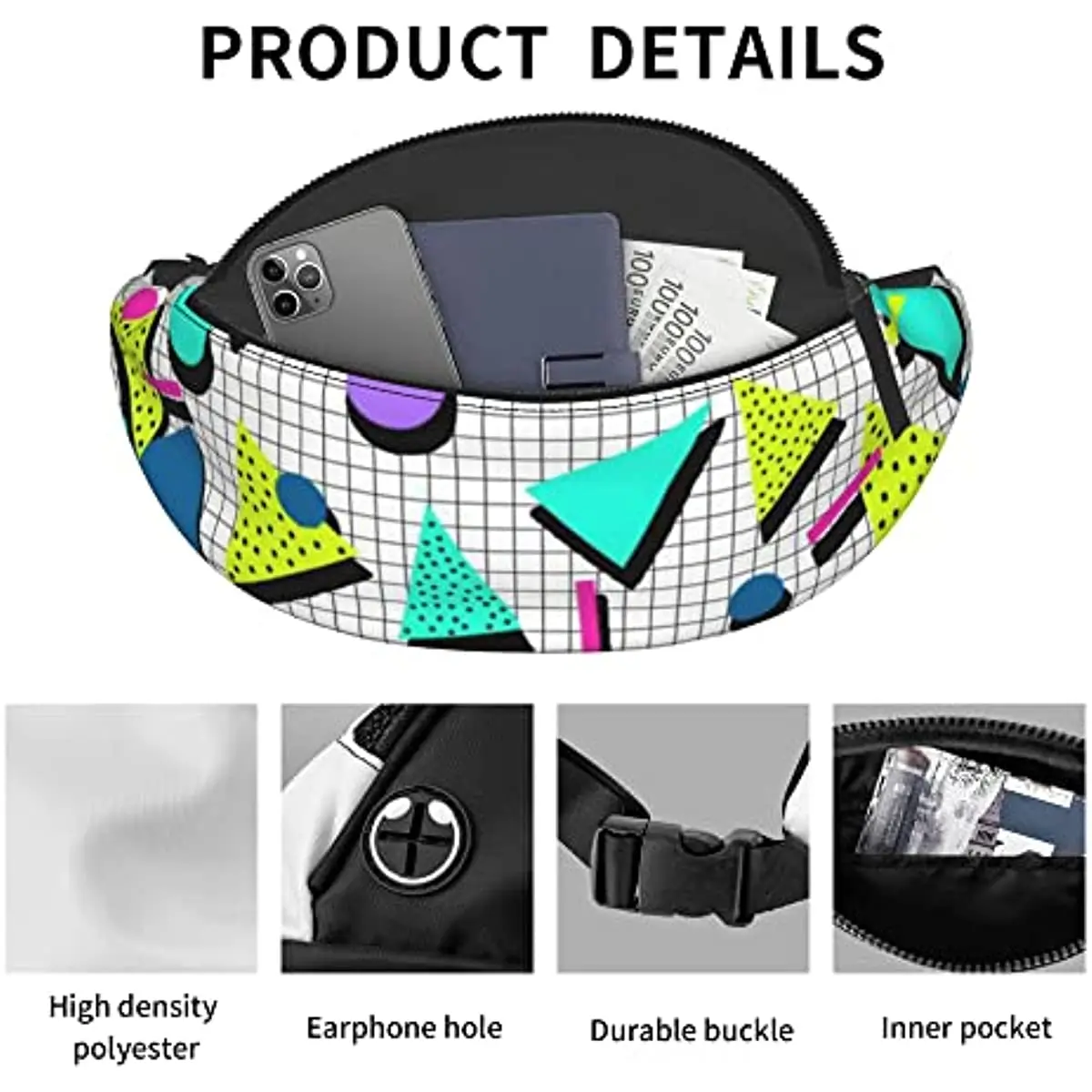 Memphis Pattern - 80s Retro Black Fanny Pack by Studio Memphis