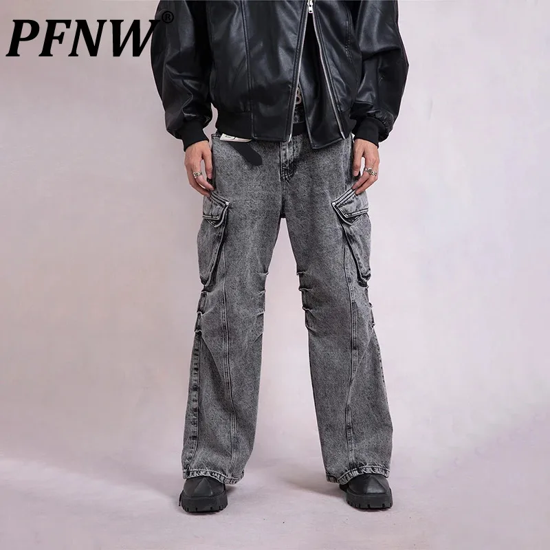 

PFNW Men's Niche Deconstruction Punk Niche Design High Sense Multi Pockets Jeans Wide Leg Denim Pants Tide Chic Fashion 12Z5278