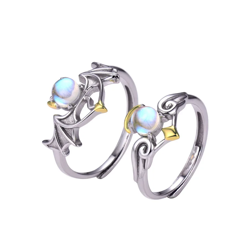 

Angel Devil Moonstone Couple Rings Silver 925 Gothic Beautiful Jewelry Glow In The Dark Valentine Day Accessories Gift For Women