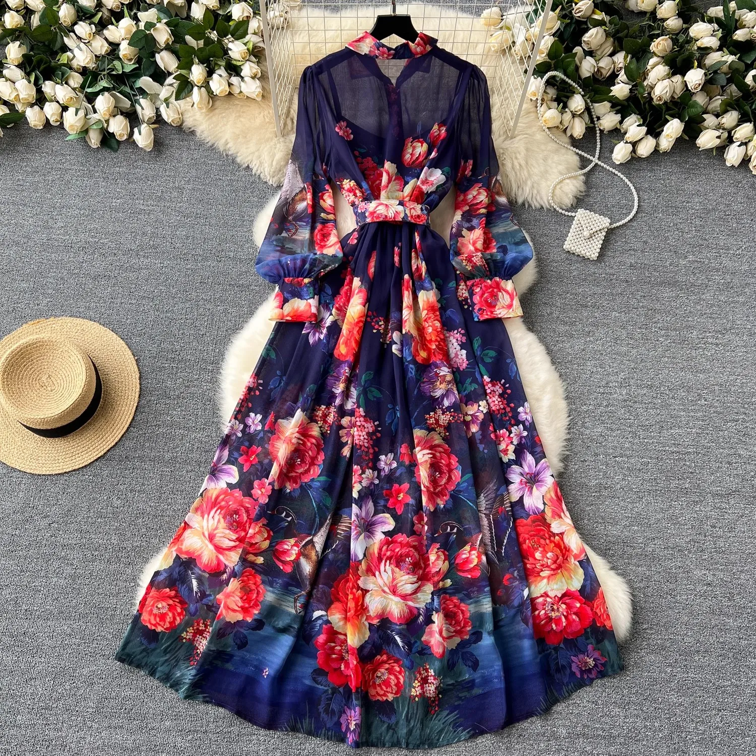 rotate women's printed maxi flowy dress A-line Satin Prom Dresses with Sleeves,High Neck Evening Dress,PD00381 main image 0