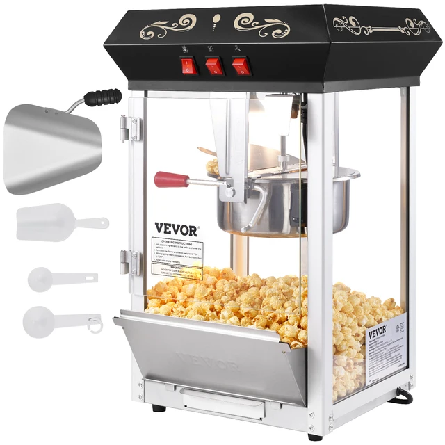 VEVOR Machine à Pop Corn 850 W, Appareil à Pop-corn de Comptoir Électrique, Bol de 227 g pour 48 Tasses par Lot, en Verre Trempé, avec 4 Cuillères, Style cinéma, Facile à Nettoyer, Fête Magasin, Noir 1