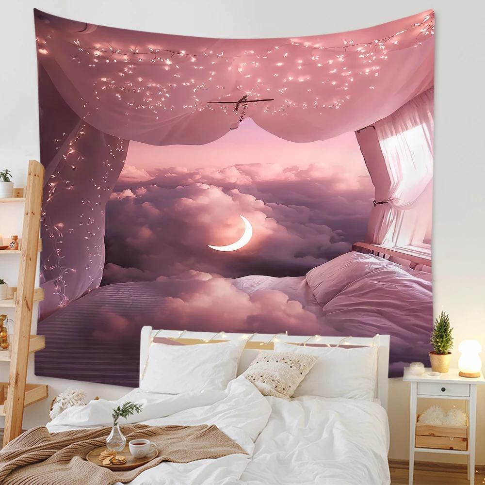 

Pink Moon Landscape Tapestry Bohemian Panoramic Wallpaper Tapestry Tapestries Decoration Bedroom Girl Wall Fabric Tapestries