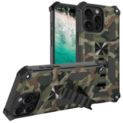 Camouflage Armor Shockproof Phone Case with Hidden Kickstand - 14 Plus or 15 Plus (Army Green)