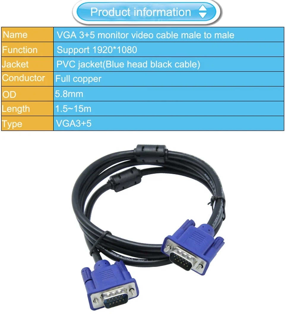 VGA To VGA Cable 15 Pin Male To Male Video Extension Converter Connector vga cable adapter,vga cable for Computer Monitor Screen Projector PC TV Adapter