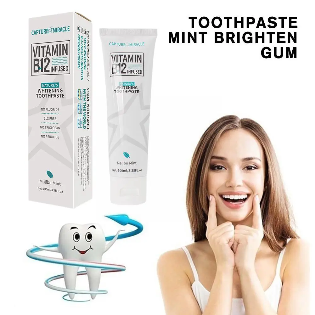 100ml Vitamin B12 Toothpaste Mint Brighten Gum Repair Hygiene Remove Fresh Tooth Whitening Beauty Oral Stains Breath Health T5Z8