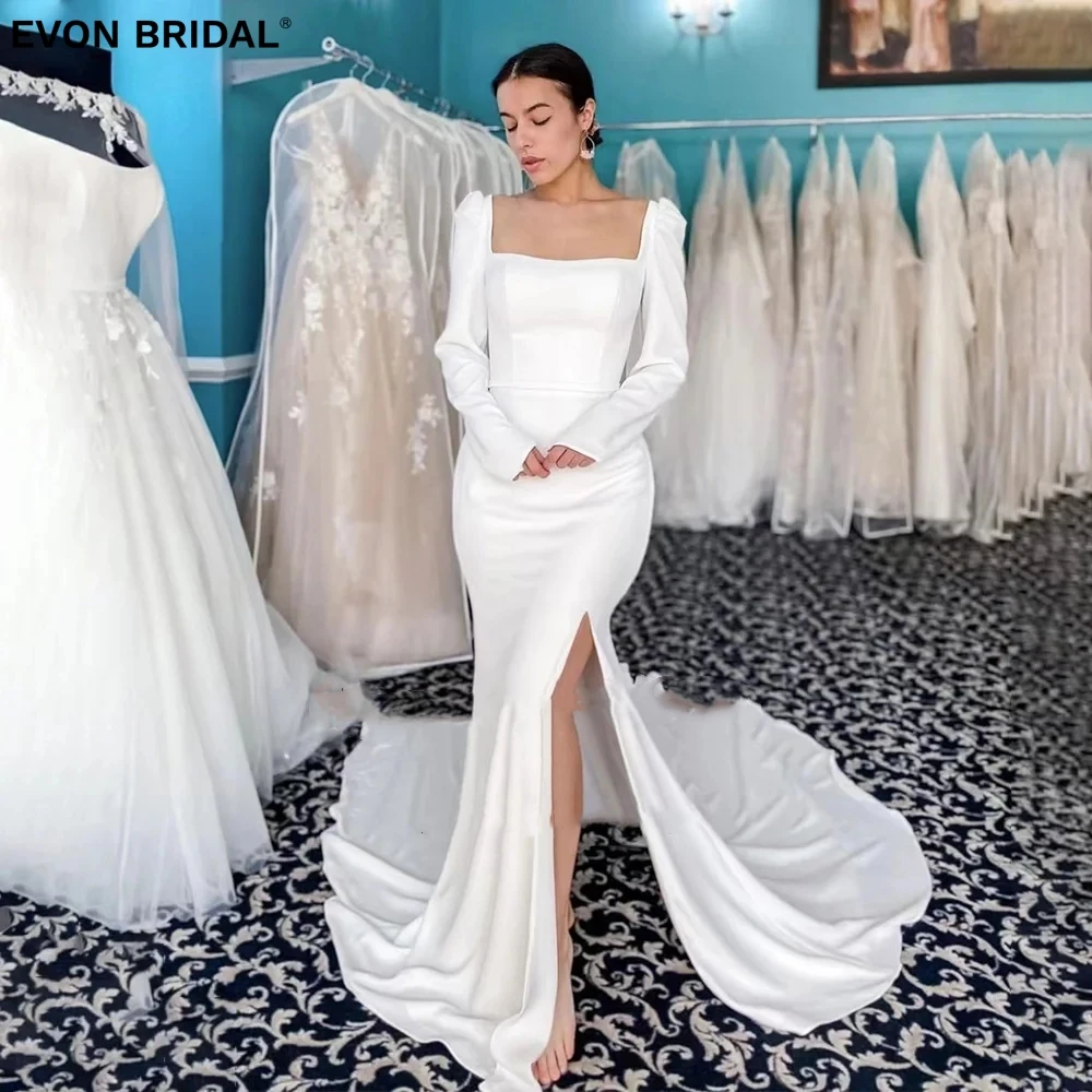

EVON BRIDAL Square Collar Modest Long Sleeves Sexy Wedding Dresses for Women Floor Length Backless Stain High Slit Prom Dresses