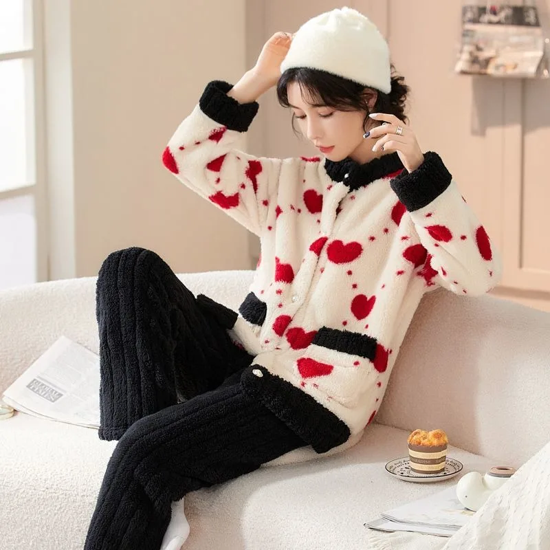 2023 New Sleepwear Women's Autumn Winter Loungewear Coral Plush Doll Neck Sleepwear Cute Long Plush Nightwear Set Warm Homewear