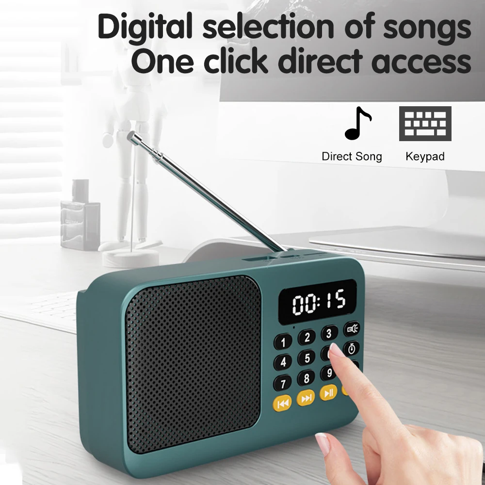 휴대용 FM 라디오 블루투스 5.0 스피커 TF 카드 U 디스크 MP3 플레이어 원키 녹음 3.5mm 이어폰 잭 야외 오디오 플레이어