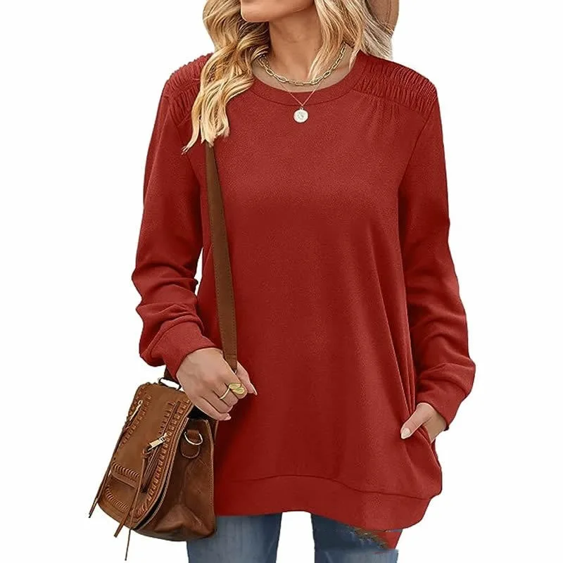 Autumn and Winter Women's Pullover Round Neck Solid Shirring Pocket Lantern Long Sleeve Sports Sweater T-shirt Casual Tops