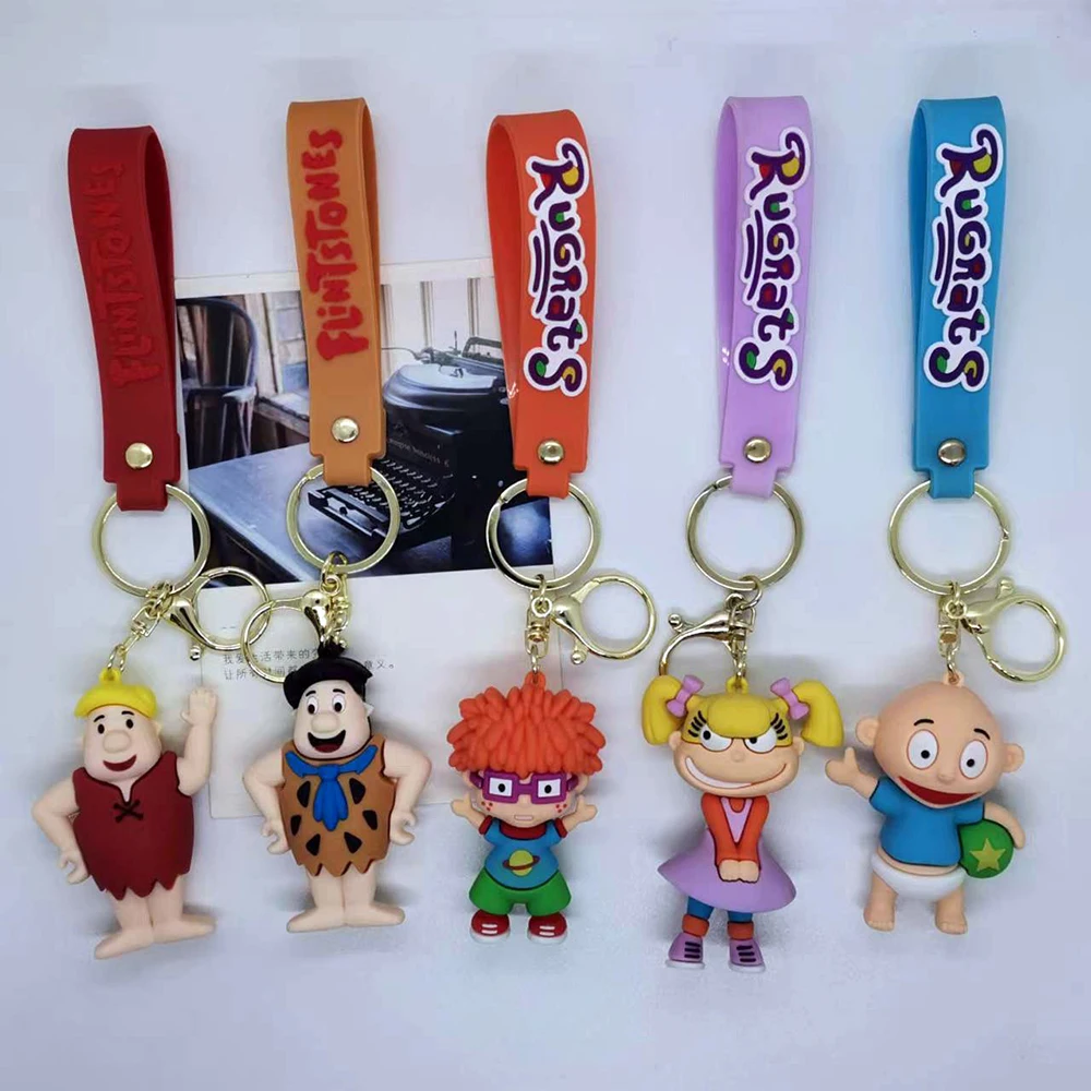 Cartoon Movie Flintstones Keychain 3D Silicone Anime Figure Pearl Slaghoople Dino Pendant Keyrings Backpack Key Accessory Gift