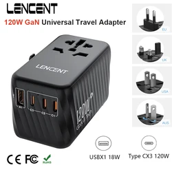 LENCENT 120W GaN Universal Travel Adapter with1 USB-A+3 Type-C Support PPS ,PD3.0 Fast Charger EU/UK/USA/AUS plug for Travel