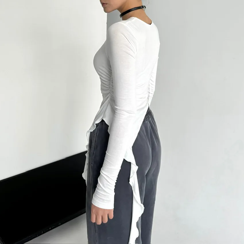 White Knit Slim T-shirt Pullover Female Ruffled Patchwork See-Through Long Sleeve Y2k Sexy Inner Top Women's Knitwear Tee