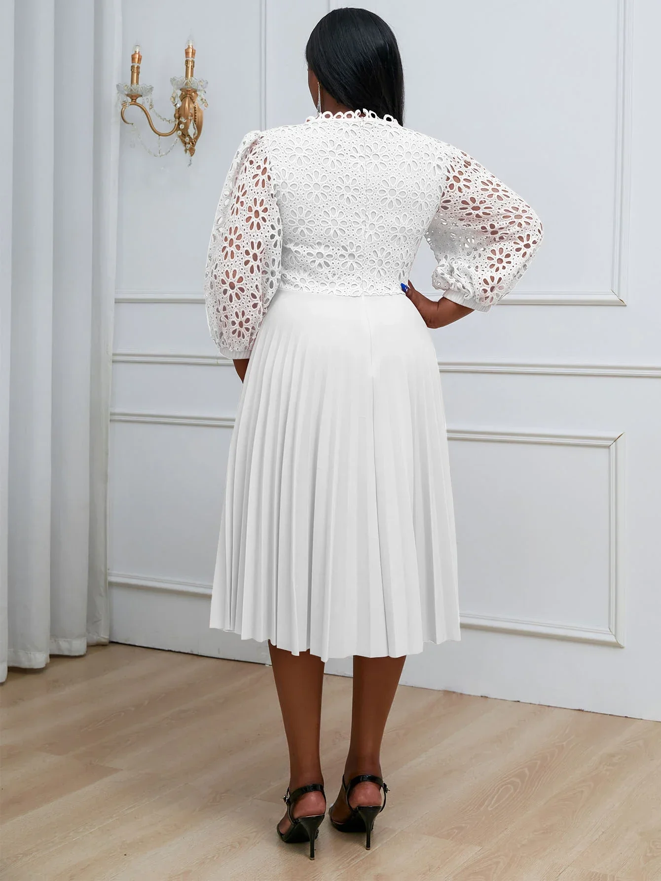 White Lace Dress Women High Quality Elegant Pleated Dress Sleeve
