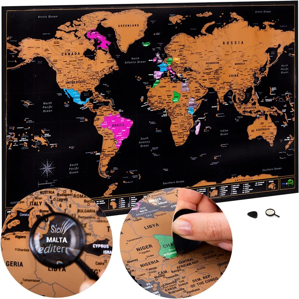 

Deluxe Scratch off Travel Map with Flags, Biggest Cities & Capitals, Detailed Cartography Scratch Map Poster, Colourful Wall Map