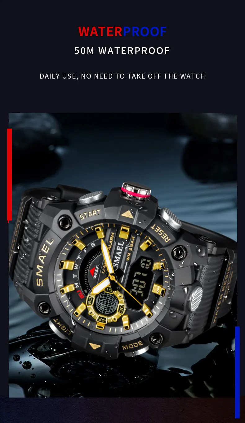 Smael mode sport uhren herren stoß feste 50m wasserdichte armbanduhr led alarm stoppuhr uhr militär 8040 herren uhr – Detail 11