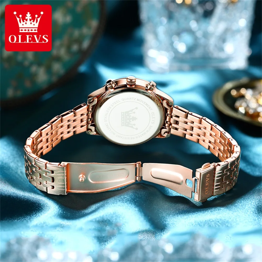OLEVS Fashion Rose Gold Blue Quartz Watch for Women Luxury Stainless Steel Waterproof Luminous Chronograph Watches Womens