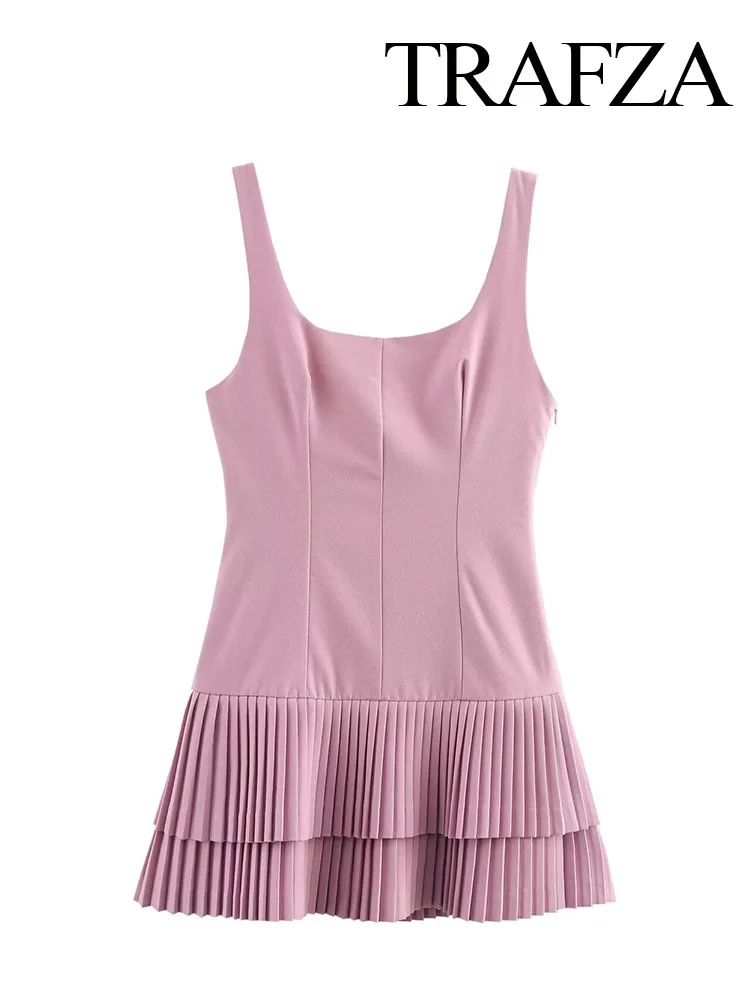 TRAFZA Woman Fashion Chic High Street Slim Short Dress Pleated Dress Women Summer Square Collar Sleeveless Solid Mini Dress 5