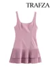 TRAFZA Woman Fashion Chic High Street Slim Short Dress Pleated Dress Women Summer Square Collar Sleeveless Solid Mini Dress 5