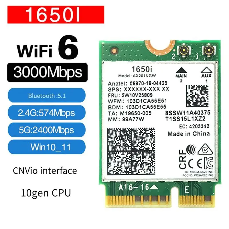 1650I AX201NGW Wifi 카드 + 2Xantenna 3000Mbps WIFI6 2.4G/5G 듀얼 밴드 Cnvio2 블루투스 5.1 Wifi 어댑터 (Win10/Win11용)