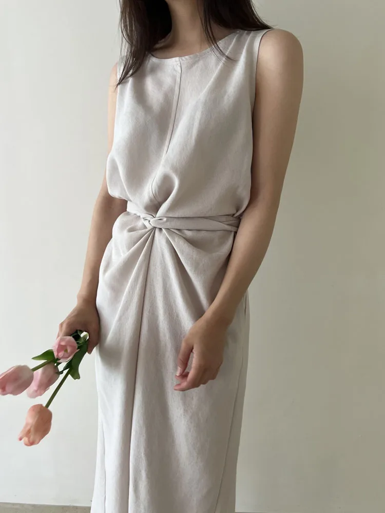 우아한 빈티지 슬리밍 디자인 여성을위한 민소매 중간 길이 드레스 세련된 여름 새 스타일 크로스 바디 리넨 코튼 드레스 