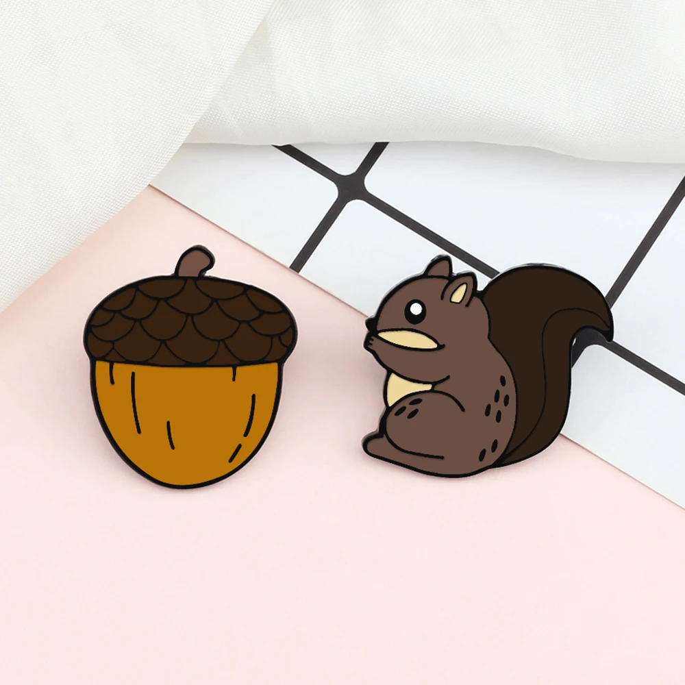 Funny Lovely Animal Enamel Pins Cartoon Brown Squirrel Pinecone Brooch