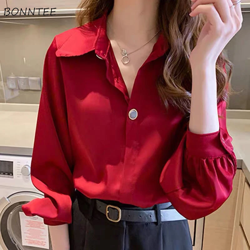 Blusas rojas de manga larga para ropa femenina lisa que combina con todo, con encanto de temperamento, para uso diario, elegantes y con clase, diseño 2020|Blusa| - AliExpress