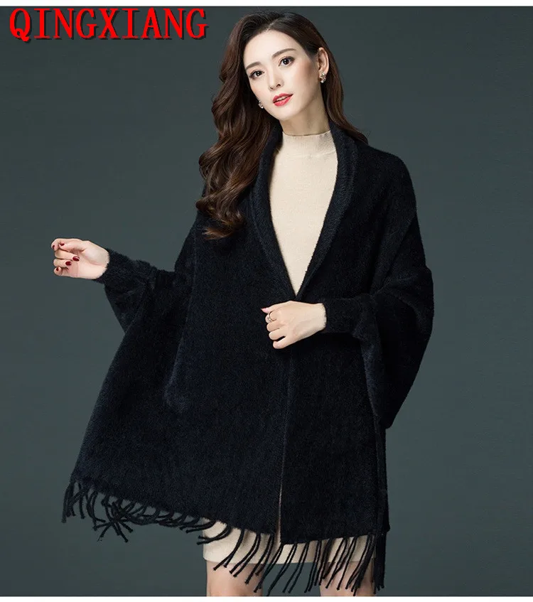 Autumn Fashion Women Cardigan Shawl Capes Winter Thick Warm Poncho Plus Size Soft Faux Mink Velvet Tassel Street Wear Coat