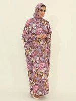 2025 New Ramadan Two Hat Women Rayon Abaya Hooded Floral Casual Long Sleeve Abaya Muslim Saudi Prayer Kaftan Oriental Robe