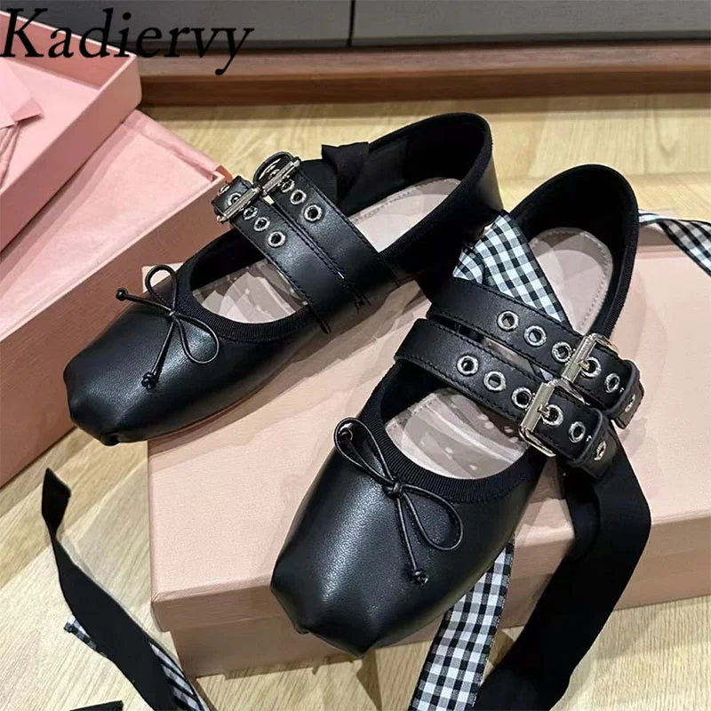 

Butterfly-knot Ballet Shoes Women Ankle Cross Lace Up Flat Shoes Belt Buckle Loafers Woman Genuine Leather Walk Shoes Women