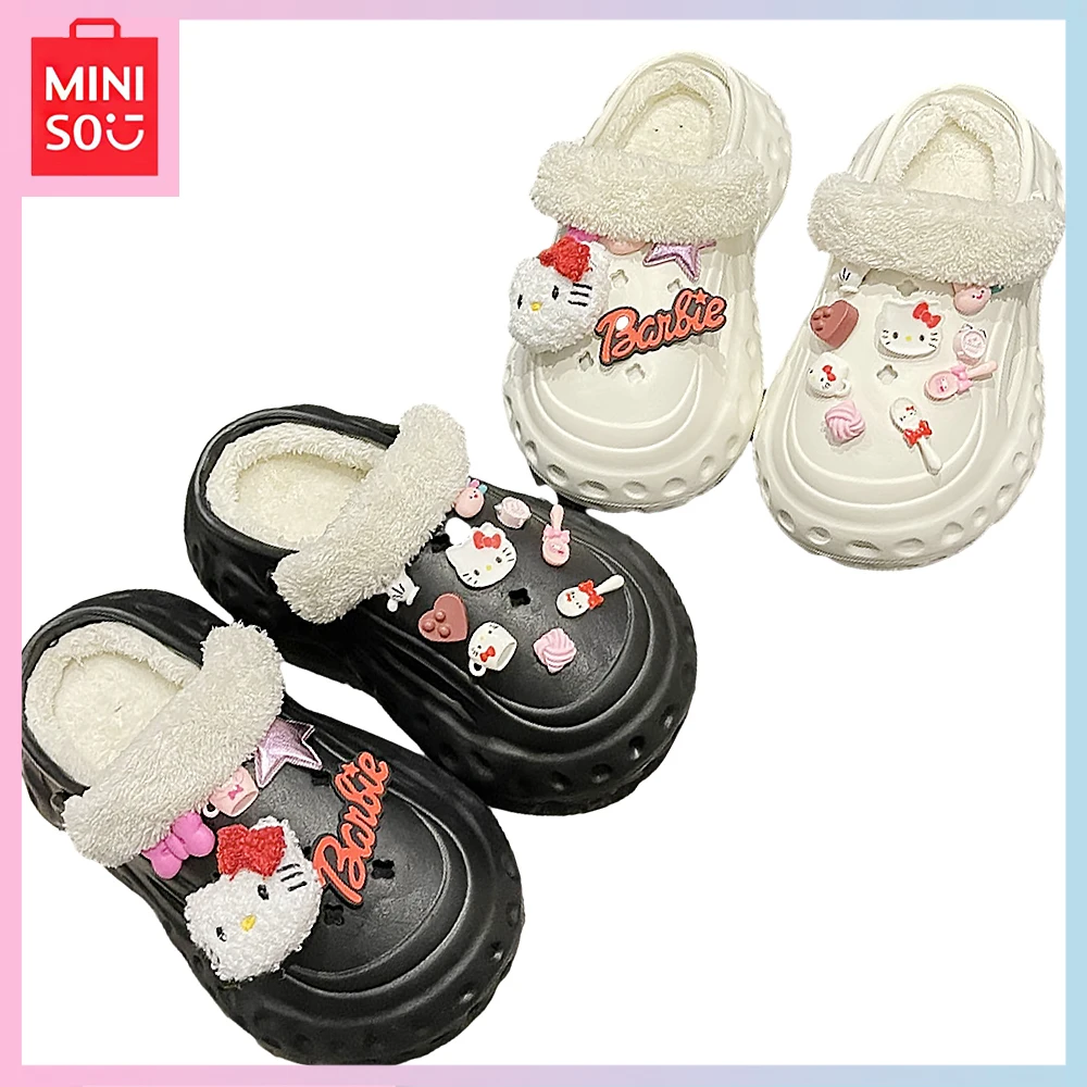 

2023 New Miniso Helllo Kitty Kawaii Plush Cartoon Outdoor Baotou Anti-Slip Warm Thick-Soled Hole Slipper for Girls Birthday Gift