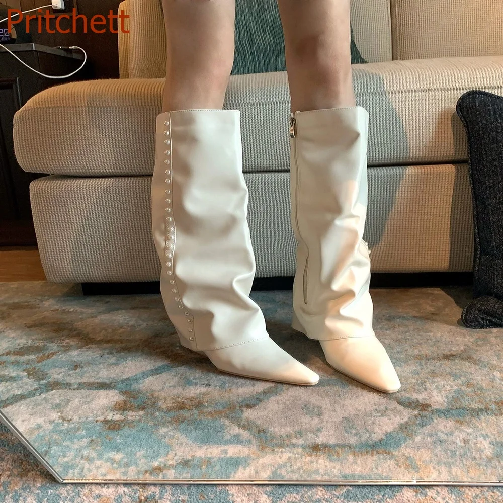 

Pointed Toe Pearl Women Boots Side Zipper Knee High Solid Fashion Casual Wedges Sexy Comfortable Women Shoes 2023 New Arrivals