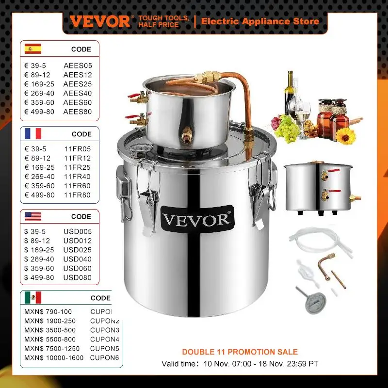 VEVOR Moonshine Still 9.6Gallon 38L Stainless Steel Water Alcohol Distiller Copper Tube Home Brewing Kit Build-in Thermometer