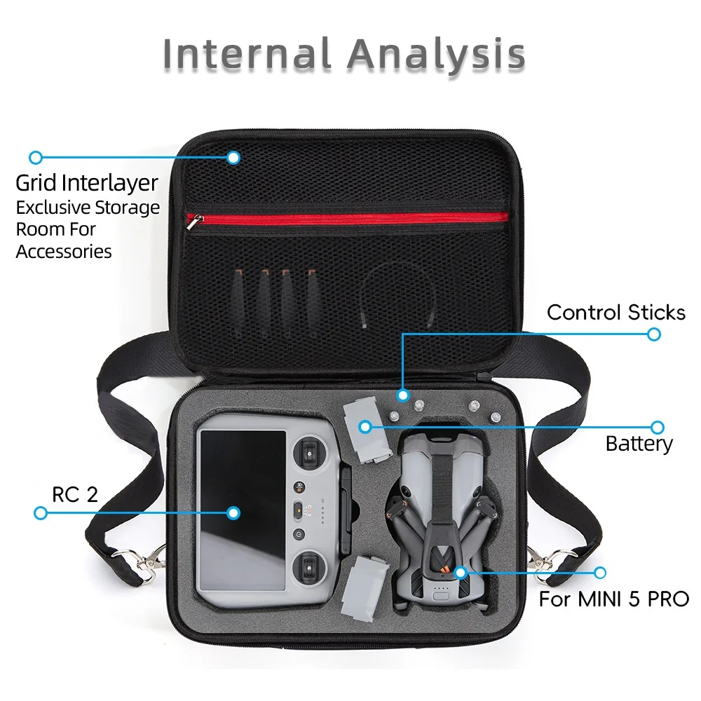 Vue de dessus du sac de rangement pour DJI Mini 5 Pro, dimensions 31x21x11 cm, avec détails de la texture du cuir PU.