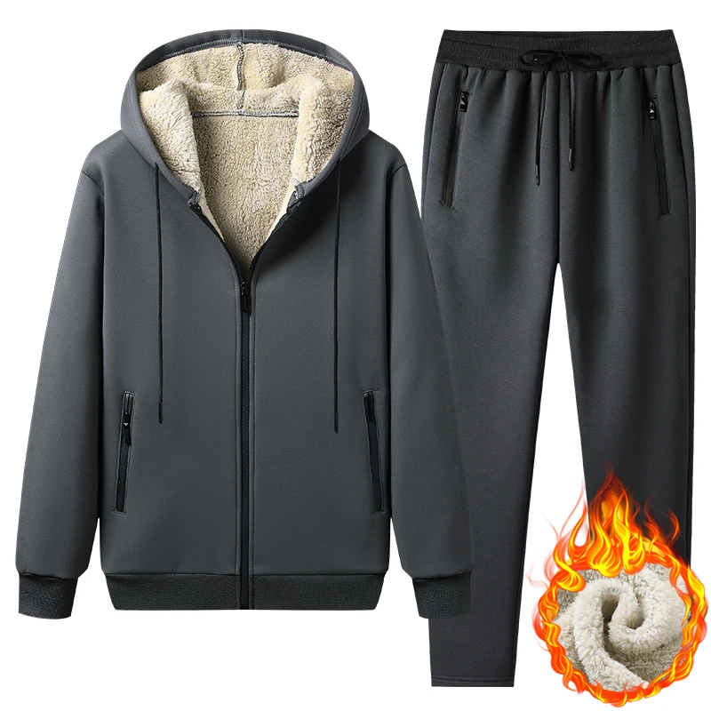 

2023 Winter Warm Cashmere Tracksuit Jacket Pants Set Men's Clothing Outerwear Sweatpants Fashion Thick Fleece Soild Jogger Suit