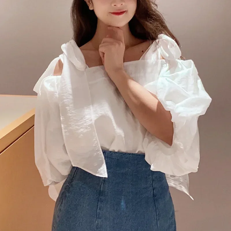 ジャケット・アウター rurumu: puff sleeve lace over blouse Generic Women's Bow Square Neck Puff Sleeve Shirt Japanese