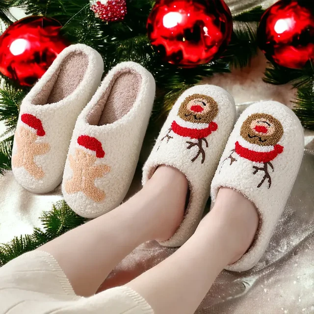 Christmas Preppy Cotton Slippers Cartoon Embroidery Slippers for Women Men with Velvet Thickened