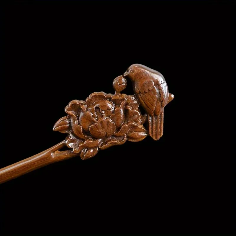 Women's Wood Carved Hair Accessory Collar Bird Peony Carving Suitable for Daily Gatherings Solid Wood Hairpin For Hair Accessory