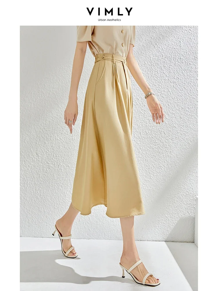 Vimly Summer A-line Skirts for Women 2023 Fashion Loose Elastic Hight Waist Elegant Pleated Swing Midi Skirt with Pockets