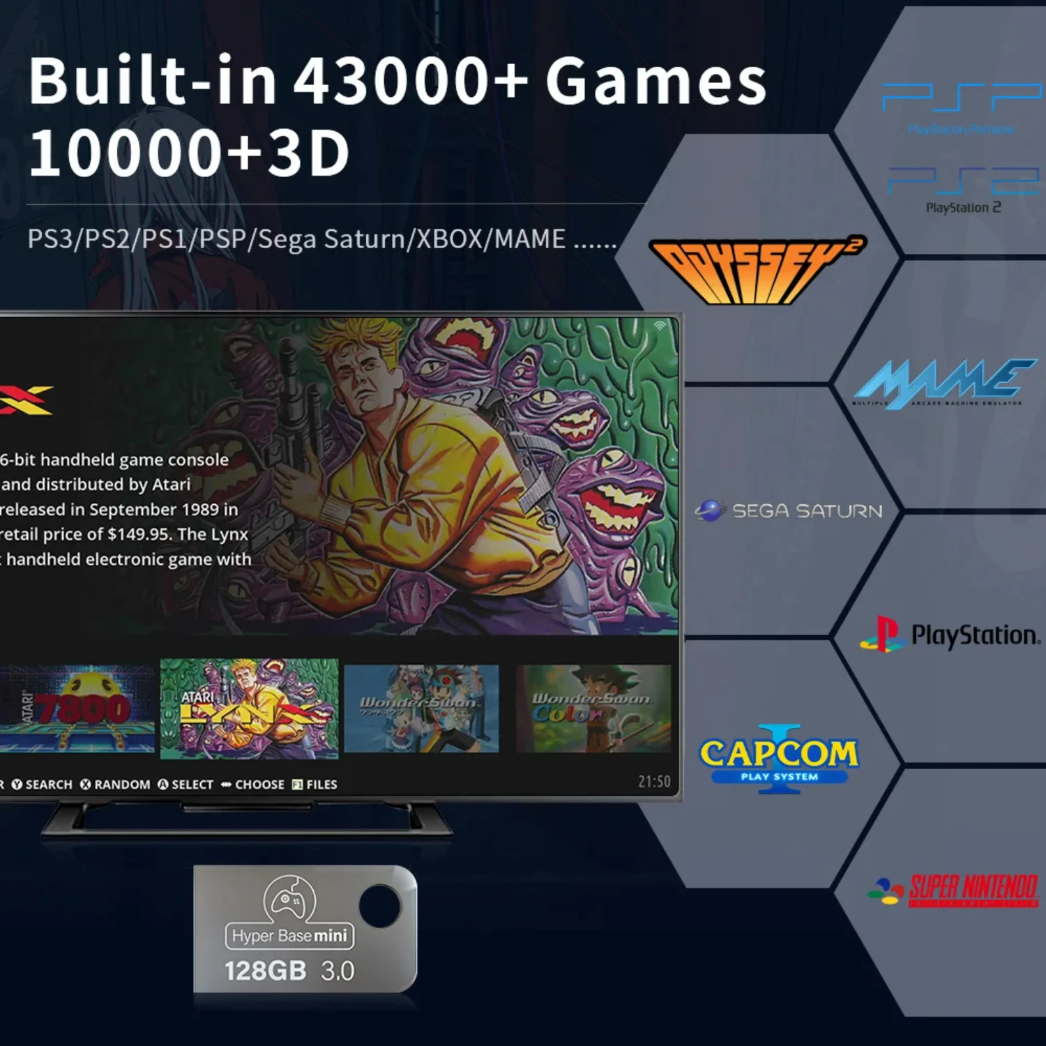 Base Mini 128GB Gaming Disk Pre-installed 43000 Retro Games With 70 Emulators PS2///MAME/SS/N64