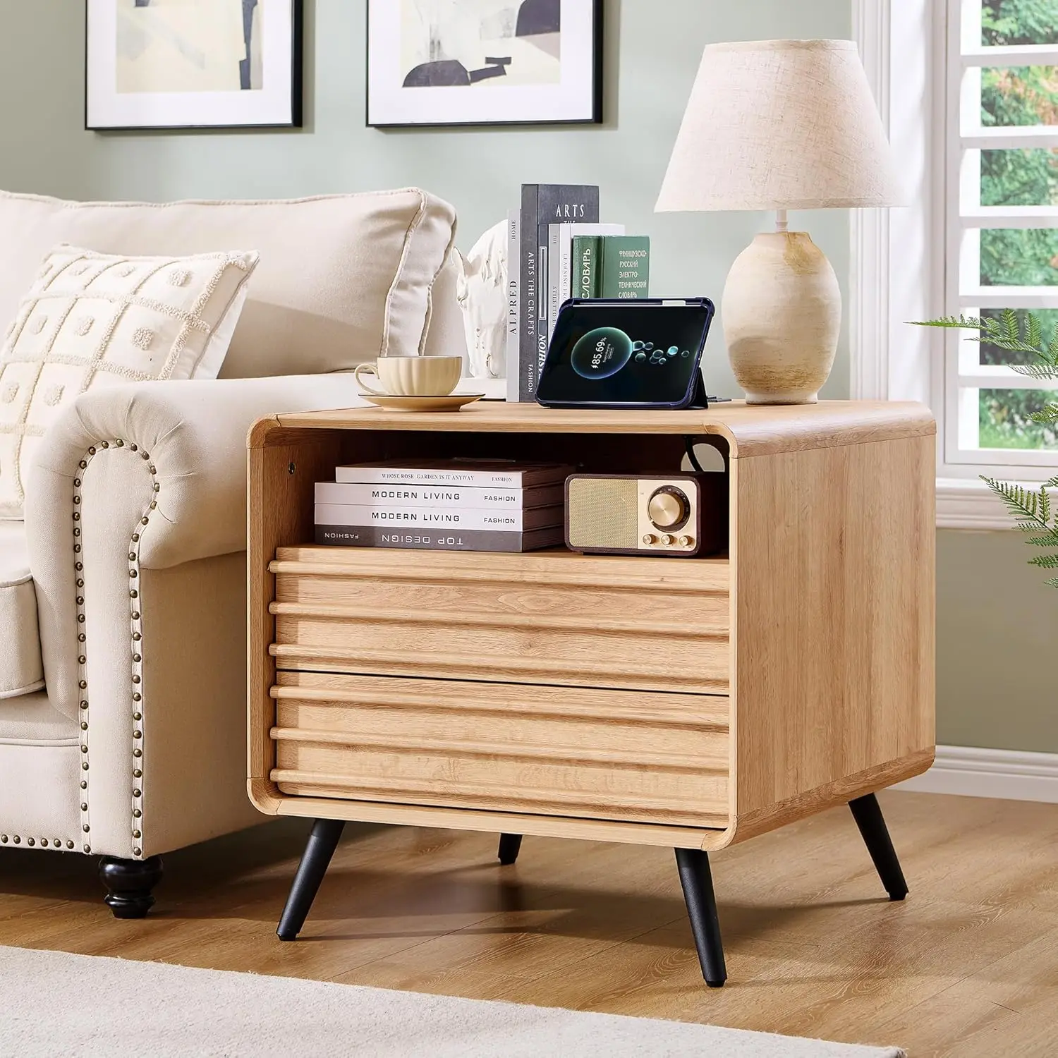Night Stand with Charger Station, Mid Century Modern Fluted End Table with 2 Drawers, Wooden Side Table Open Cub